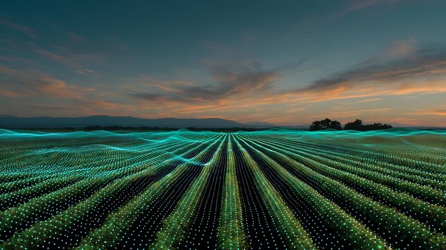 Digital render of a field with glowing lines, sunrise sky, and mountain range backdrop
