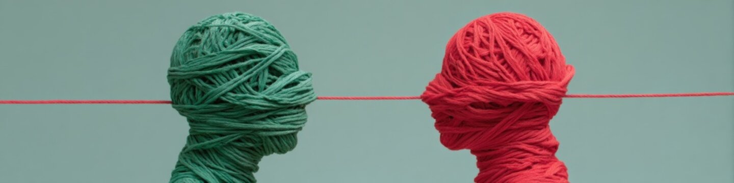 Green adult female caucasian and red adult male caucasian yarn wrapped heads blindfolded and connected by a taut red string suggesting silence and mutual dependence