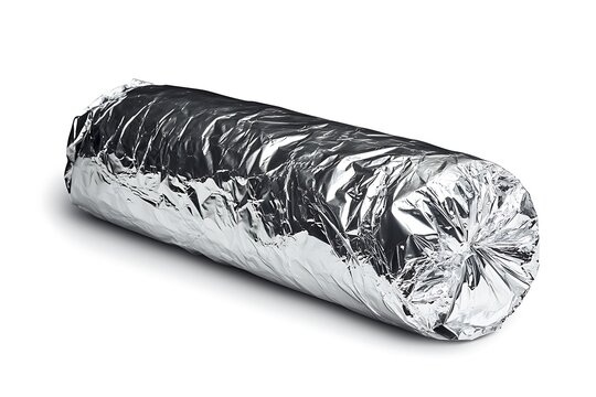 Closed halal shawarma roll tightly wrapped in foil, isolated on a white background 