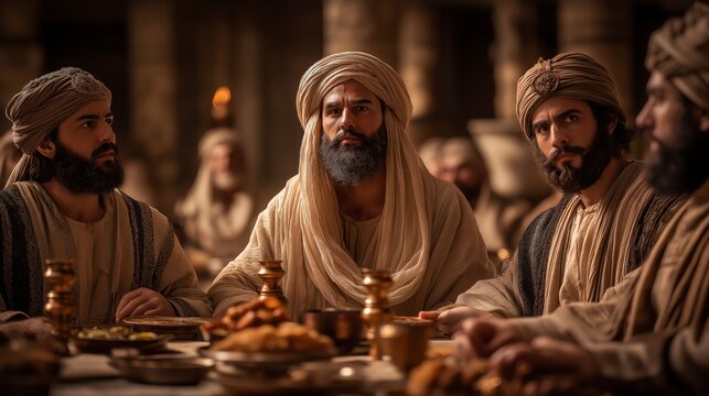 A composed biblical scene of Daniel speaking calmly to a chief official in a palace chamber, with royal food set on the table and four young men standing together in modest garments under warm light.
