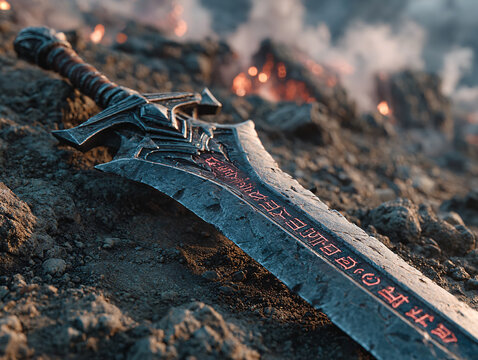 A massive, weathered greatsword with glowing red runes embedded in its blade is planted in charred, rocky soil, set against a raging inferno and flying embers, evoking a post-apocalyptic battlefield.