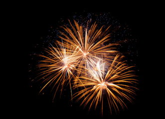Obraz premium Golden Fireworks: A dazzling display of golden fireworks bursts against the night sky, illuminating the darkness with radiant trails and captivating explosions.