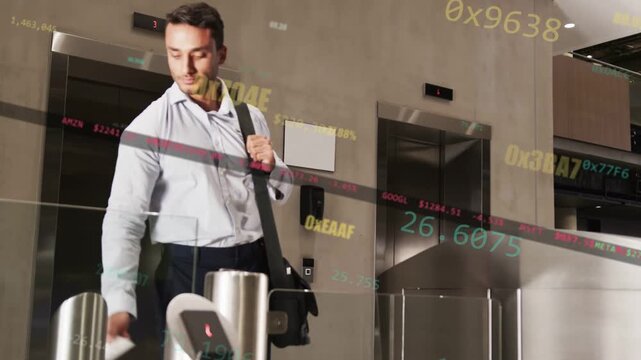 Elevator opening man exiting walking to reader scanning ID opening gate entering office AR overlay