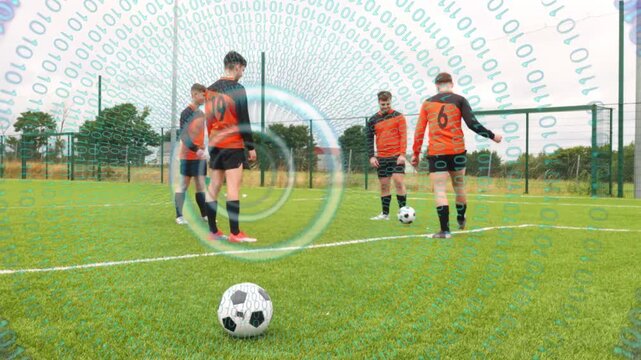 4 male soccer team training in circle stepping nudging ball passing clockwise with binary overlay