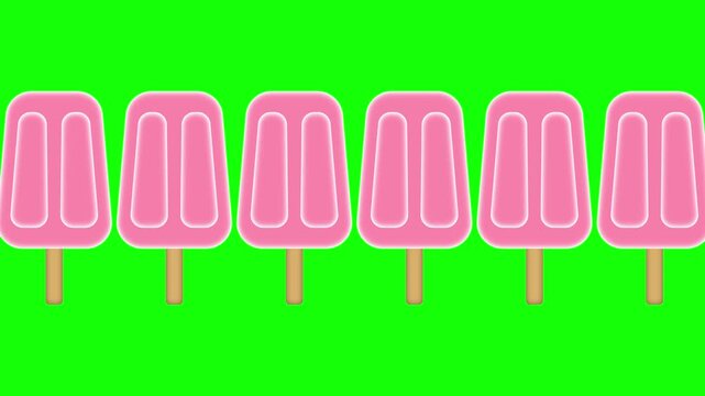 Seamless animation of red ice pops lined up in a row against a green background
