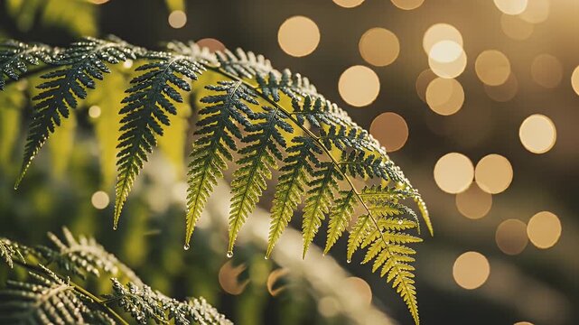 Fern Leaves with Dew and Bokeh Lights - Close-up of fern leaves adorned with dew droplets, set against a beautiful golden bokeh background.