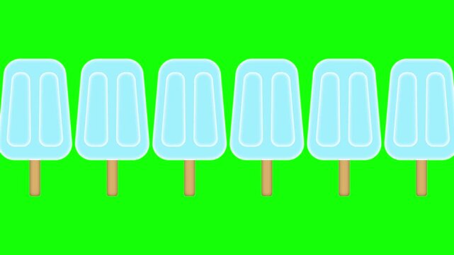Seamless animation of blue ice pops lined up in a row against a green background