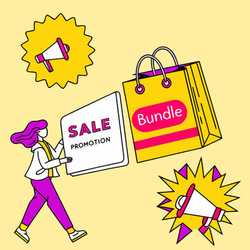 Marketing promotion for product bundles featuring a woman carrying a sale sign and announcement megaphones promotion megaphone announcement marketing shopping discount advertising commerce