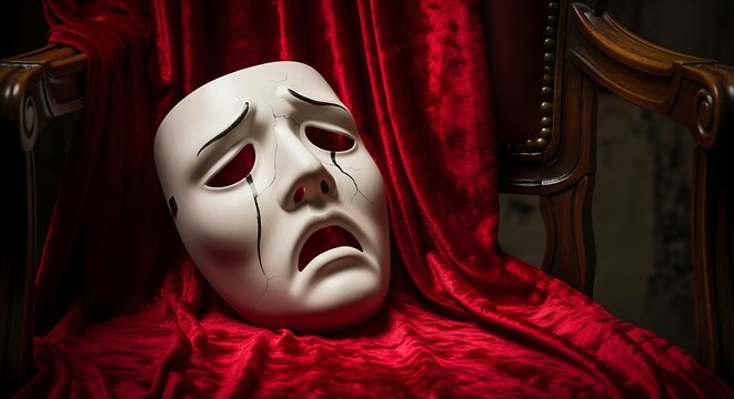 A sad theater mask rests on plush red velvet, evoking drama, despair, and performance
