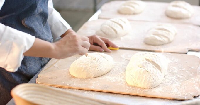 After proofing African American woman baker scoring loaves with yellow lame before baking at bench