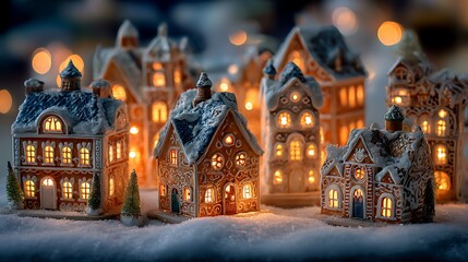 Fototapeta premium Miniature gingerbread houses with snowy roofs and warm interior lights, festive bokeh background