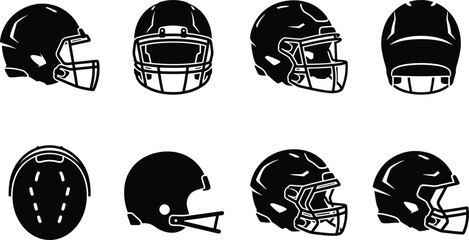 American football helmet icons set, black silhouette sports headgear collection, 8 protective equipment vector illustrations for team branding © Muhammad