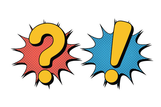 Comic book style speech bubbles feature a yellow question mark and exclamation point