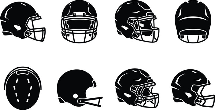American football helmet icons set, black silhouette sports headgear collection, 8 protective equipment vector illustrations for team branding