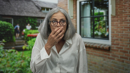 Fototapeta premium Woman grey haired wearing glasses and white shirt with hand to mouth at building entrance by brick wall and window, outdoor garden visible; surprise.