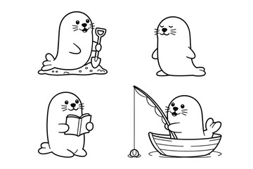 Charming cartoon seals engage in various leisure activities like reading fishing and digging © MDMINTU
