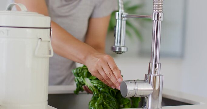 Rinsing cook's hands in grey shirt holding large leafy greens under chrome faucet at home kitchen