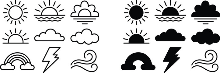 Fototapeta premium A collection of simplistic black and white weather icons depicts suns clouds rain rainbows lightning and wind patterns high quality professional detailed modern