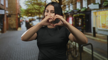 Fototapeta premium Young hispanic woman makes heart with hands on a busy city street near a bicycle rack while smiling broadly; love joy.