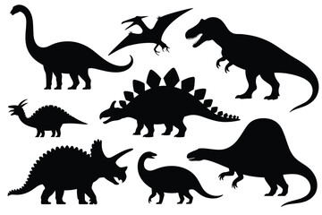 Silhouettes of various prehistoric dinosaurs including a brachiosaurus and tyrannosaurus rex © MDMINTU