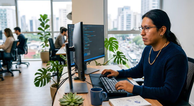 Male software developer writing code on dual monitors in a bright, modern open-plan office with city views and indoor plants.