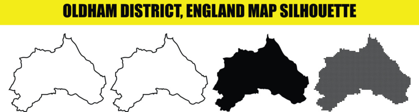 Oldham district england map silhouette set including solid and dotted vector graphics for regional identification.