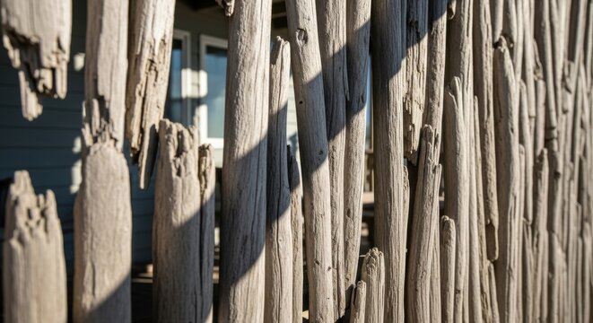 Close up view of weathered driftwood fence with splintered texture and natural wood grain