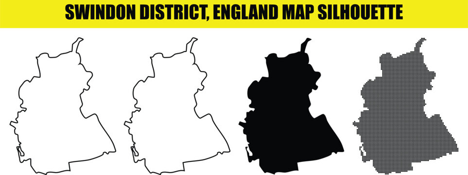 Swindon district england map silhouette vector graphic presented in white outline solid black and dotted styles.