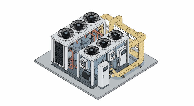 Isometric Industrial HVAC Chiller System Illustration - Commercial Air Conditioning and Cooling Unit with Fans, Pipes, and Control Panels on White Background