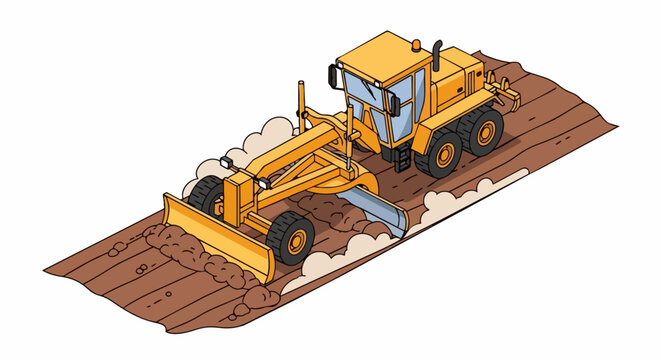 Isometric Motor Grader Heavy Machinery Leveling Soil on Road Construction Site Illustration