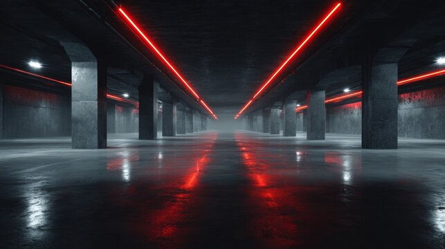 Concrete Underground Garage Lit by Red Laser Light with Reflections and Mysterious Atmosphere