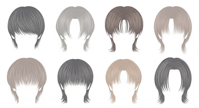 Set of eight short bob fringe hairstyle variations.