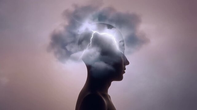 Surreal human silhouette with a storm and lightning inside the head, representing thoughts, mental energy, creativity, and inner mind activity.