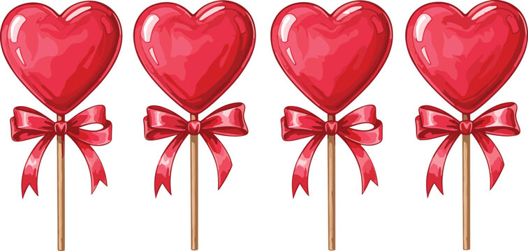Illustration of Heart-Shaped Lollipops with Red Bows for Valentine's Day, Sweet Treats, and Celebration Designs