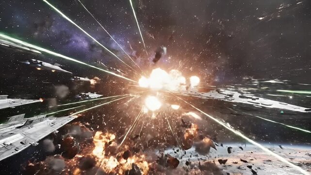 Epic Space Battle Explosion - A dramatic scene of a massive explosion unfolding in outer space. The video captures debris scattering from a spacecraft as laser beams cut through the cosmic backdrop,