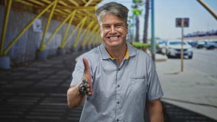 Man extends hand for handshake at airport curbside under yellow canopy and parked cars  welcome greeting. © Krakenimages.com