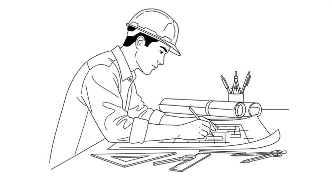 Professional Technical Draftsperson Working on Architectural Plans.