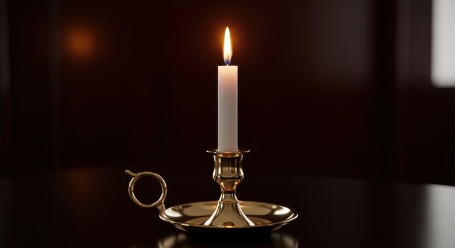 A single polished brass candlestick holding a lit white candle with a warm flickering flame against a dark background