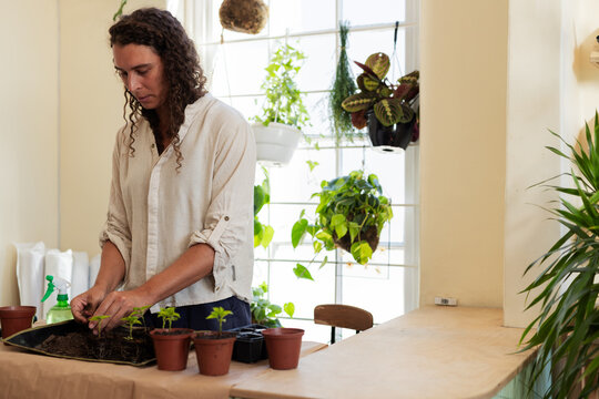 Non-binary person potting seedlings into plastic pots on wood table wearing beige top, copy space