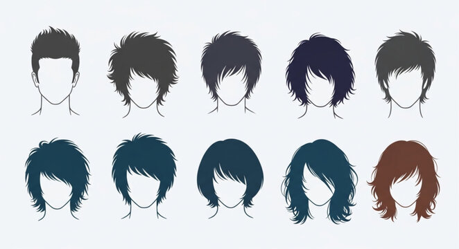Row of stylized modern short to medium hairstyles.