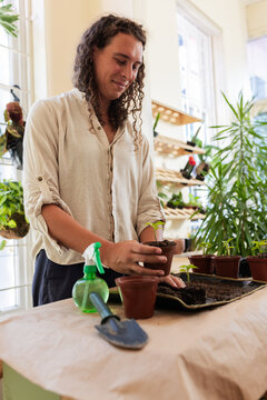 Vertical video: Nursery worker seeing crowded roots, repotting seedling and spraying for sale