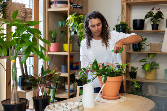 African American non-binary worker tending terracotta pot at plant shop, holding small spray bottle