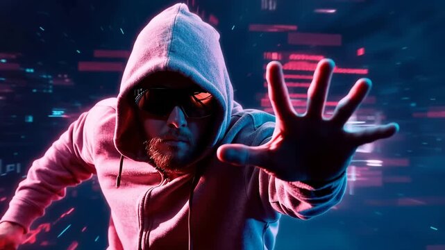 Hacker in Hoodie and Sunglasses Reaches Forward in Neon Lit Digital Environment with Cyber Technology Elements