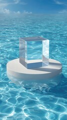 Obraz premium Transparent Cube on Circular Platform in Calm Blue Water