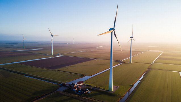 Aerial view of wind turbines in a dutch polder landscape with wind turbine farm renewable ene