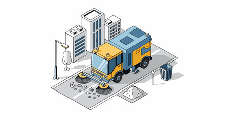 Obraz premium Isometric Illustration of a Modern Street Sweeper Truck Cleaning a City Road with Urban Buildings