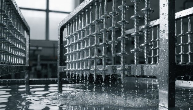 Medium shot of screws hanging on racks being dipped into a clear zinc electroplating bath for corrosion resistance showcasing the shiny bright finish process.