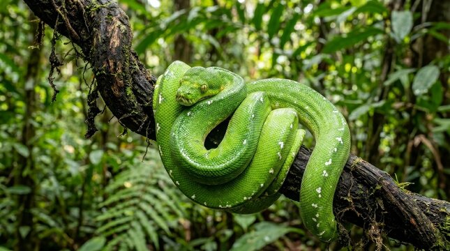 Green tree python coiled on branch close up vibrant snake reptile wildlife detail