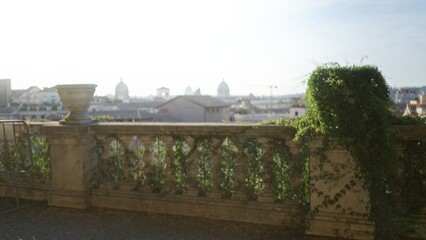 Obraz premium Sunlit terrace balustrade draped in climbing ivy, distant domes and rooftop softly defocused outdoor; background backdrop copyspace calm.