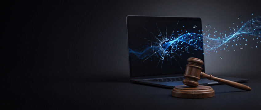 Judge gavel with glowing stream of encrypted data leaking exposed from shattered hacked laptop, cyber security breach, unauthorized data access. Cybercrime prosecution concept, legal consequences